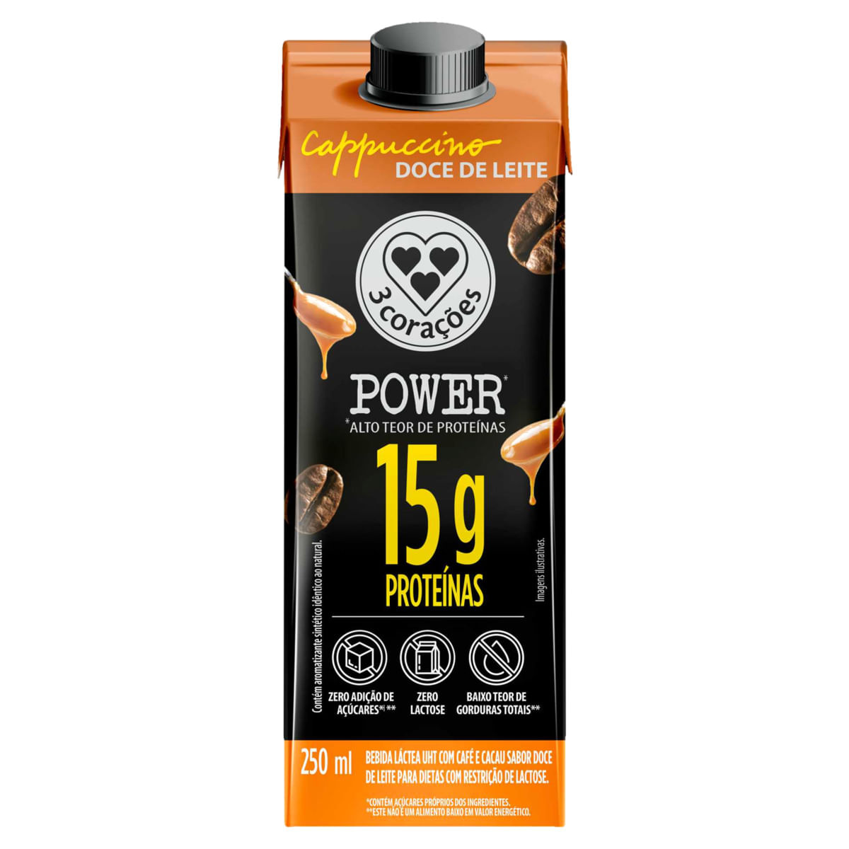 Bebida Láctea UHT Cappuccino Doce de Leite Zero Lactose 3 Corações Power Whey Caixa 250ml