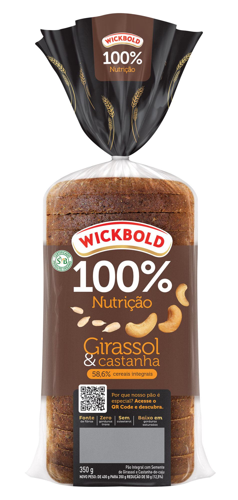 Pão Integral Girassol e Castanha Wickbold 100% Nutrição Pacote 350g