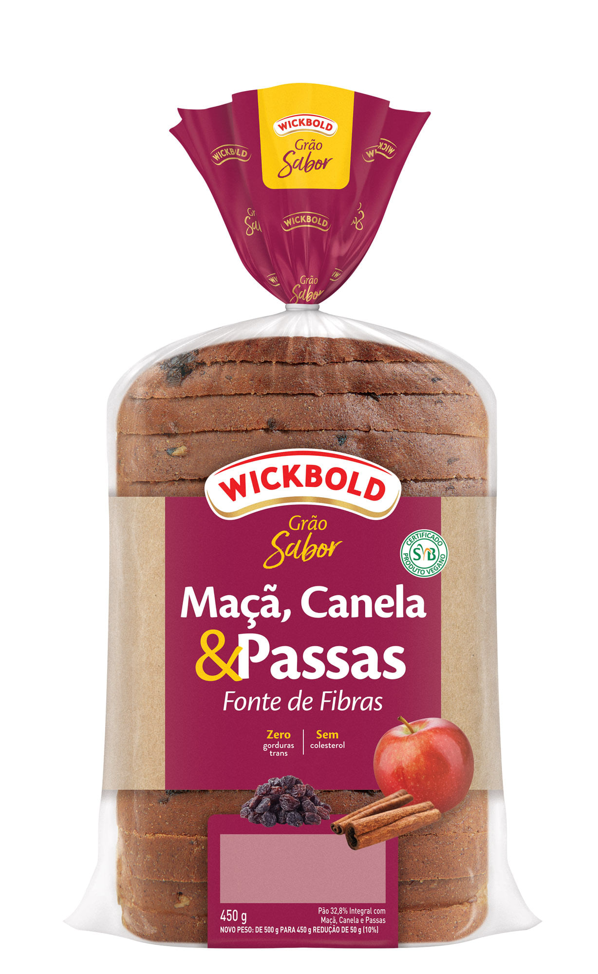 Pão Integral Maçã, Canela e Passas Wickbold Grão Sabor Pacote 450g