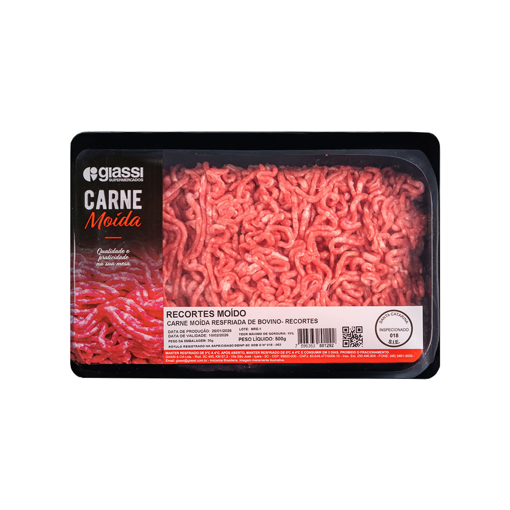 Carne Moída Resfriada de Bovino Recortes Bandeja 500g