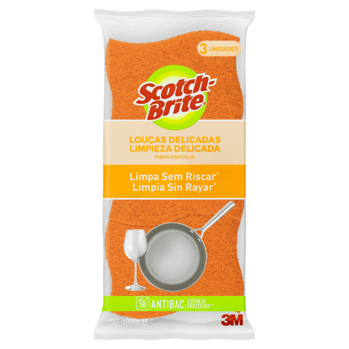 Esponja Laranja Não Risca Limpeza Delicada Scotch-Brite Antibac 3 Unidades