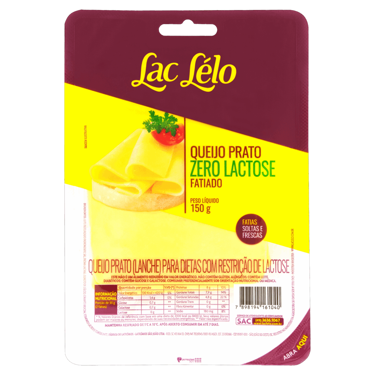 Queijo Prato Fatiado Zero Lactose Lac Lélo 150g