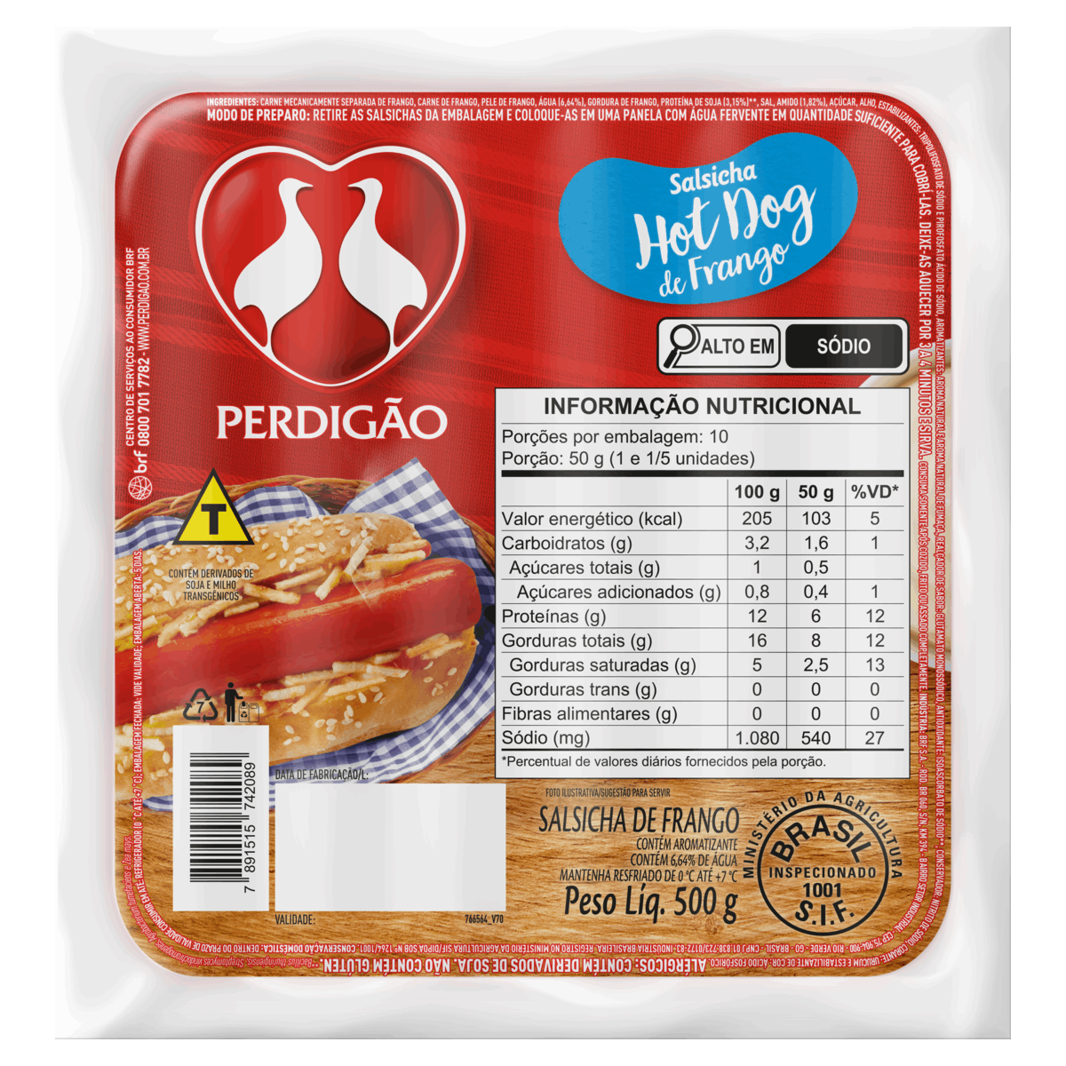Salsicha de Frango Hot-Dog Perdigão 500g 12 Unidades