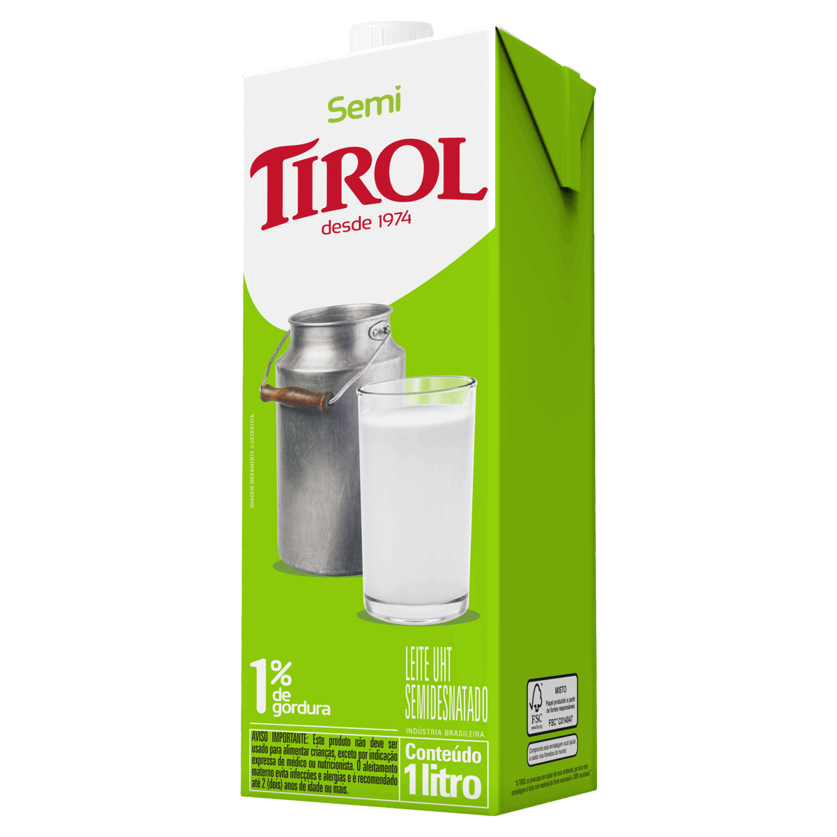 Leite UHT Semidesnatado Tirol Caixa com Tampa 1l