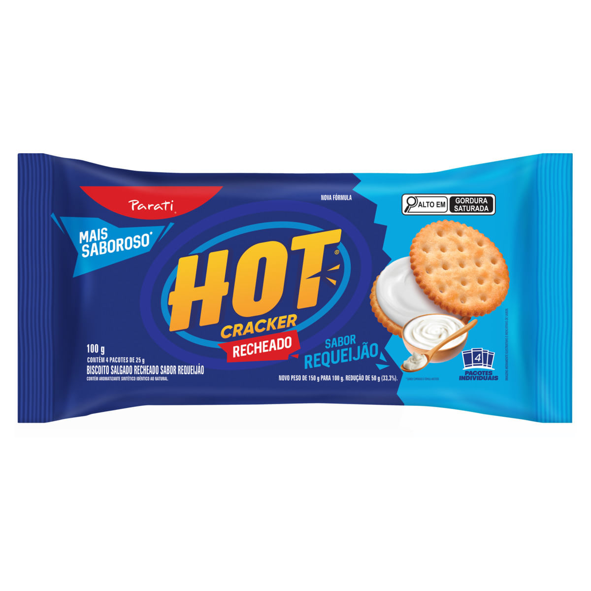 Pack Biscoito Recheio Requeijão Hot Cracker Pacote 100g 4 Unidades